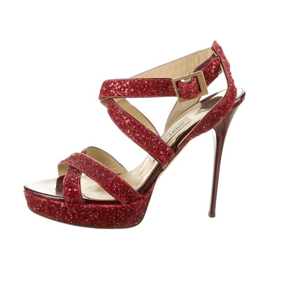 ๐ JIMMY CHOO Strappy Red Glitter Sandals Heels - Picture 2 of 6